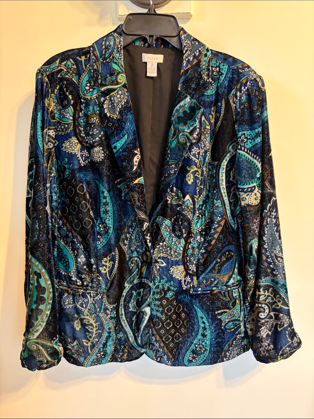 Chico’s Velveteen Paisley Blazer 2 L Teal Blue Gold Black Lined Jacket